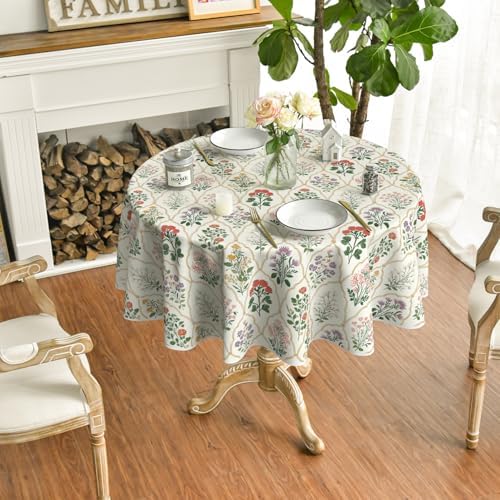 Horaldaily Tablecloth 70×70 Inch Round, Vintage Art Deco Floral Beige
