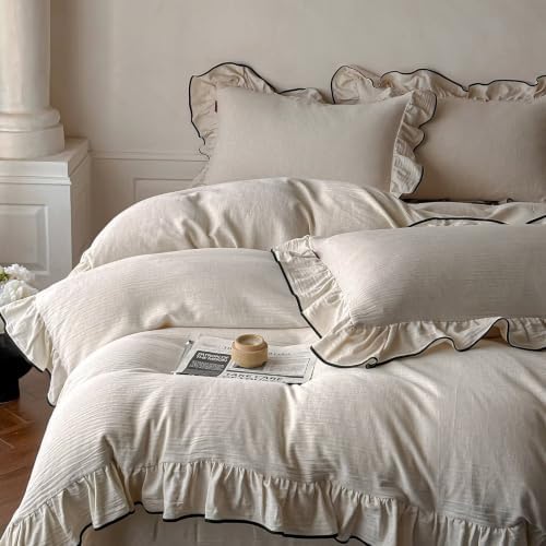 Linen Cotton Duvet Cover King,French Ruffled Bedding Set 3pcs