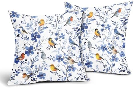 Bird Floral Pillow Covers 22x22inch, Watercolor Navy Blue Flowers