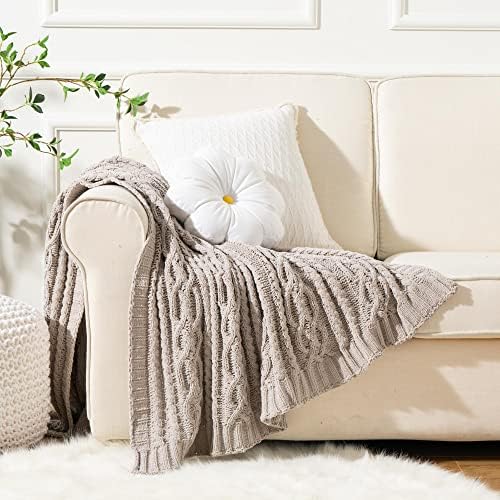 Battilo Light Grey Throw Blanket for Couch, Woven Chenille Knit Throw