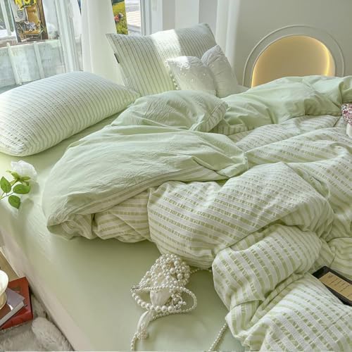 Striped Cotton Bedding Set 4 Pieces,Soft Duvet Cover with Zipper,Flat