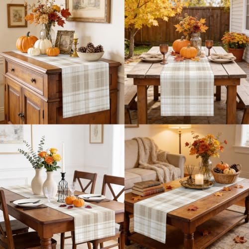 Khaki Plaid Table Runner Brown Tan White Rustic Chic Country Farmhouse