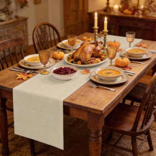 Rustic Beige Table Runner - 120 Inch Long, Farmhouse Linen Texture