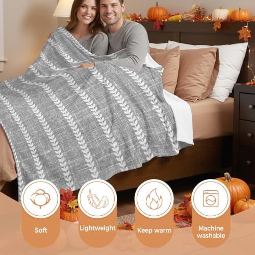 Flannel Fleece Blanket 60" x 80", Light Gray Striped Microfiber Cozy