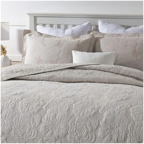 UOIO Quilted Cotton Bedspread Set Beige Embroidered Chic Floral Duvet