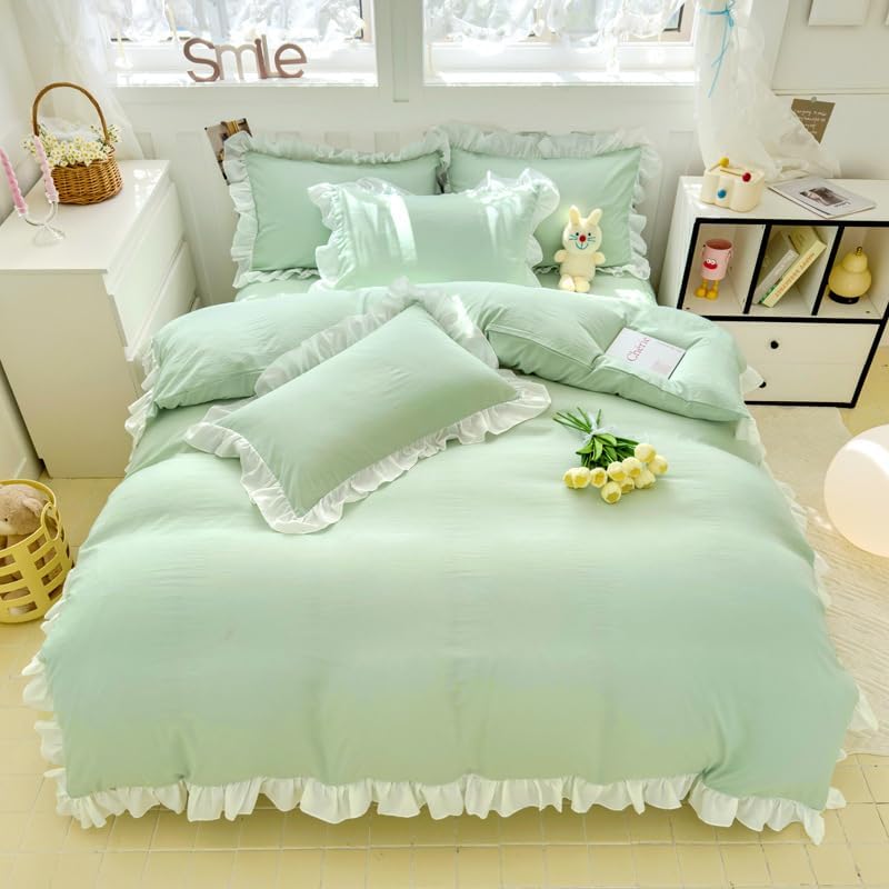 Ruffle Solid Duvet Cover Set 3 Piece Washed Cotton with Pillowcases