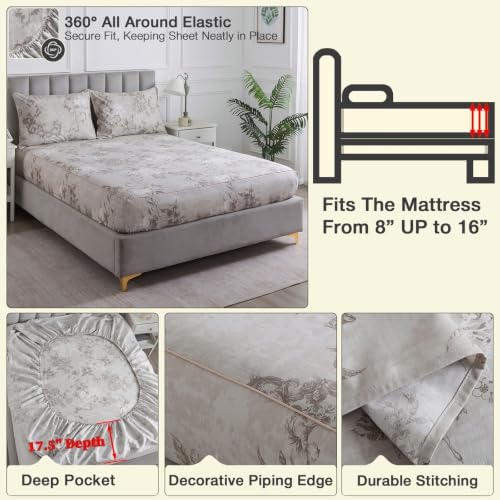 Gray-Beige Boho Floral Percale Sheets Queen Size Deep Pocket, 4Pcs