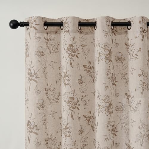 Vintage Linen Curtains with Silver Thread Brown Floral, 52x95 Inch 2
