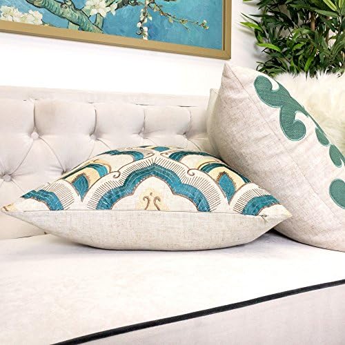 Embroidered Linen Throw Pillow Cover, Raybrook Tan and Teal Floral