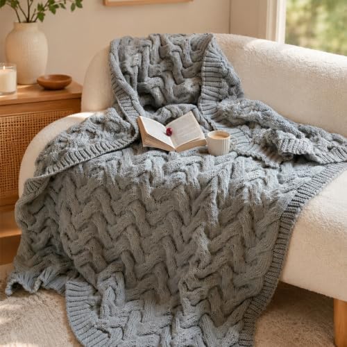 Cable Knit Throw Blanket, Soft Acrylic, Light Grey, 50x60