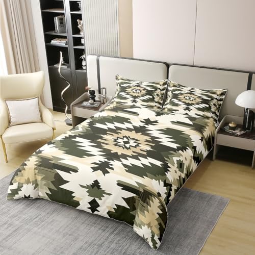 jejeloiu Bohemian Pattern Duvet Cover 100% Cotton Queen Size Green