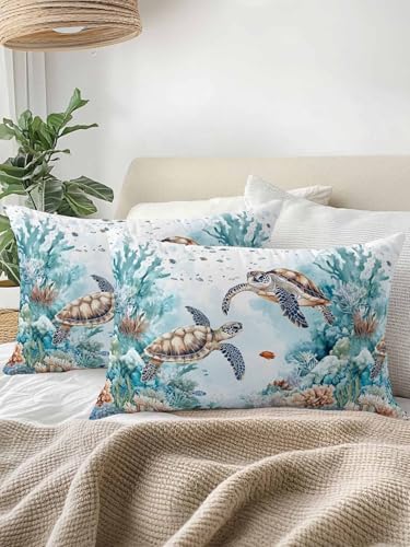 12x20 Outdoor Pillows Set of 2, Teal Coastal Turtle Waterproof Throw