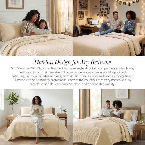 Oversized Queen Size Quilt Bedding Set w/ 2 Quilted Pillow Shams, Soft