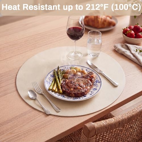 SHACOS Faux Leather 13" Round Placemats Set of 6 White Oak Beige Place
