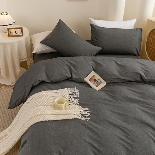 ECOCOTT Cotton 3 Pcs Duvet Cover Set Linen Feel Dark Grey Queen Size