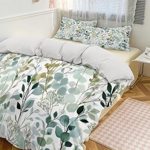 Duvet Cover Set King, Watercolor Eucalyptus Leaves Brushed Microfiber