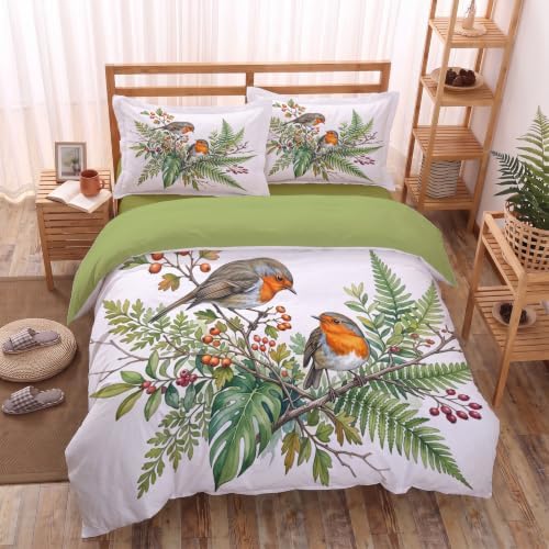 Sage Green Rural Watercolor Robin Duvet Cover Set for Women Girls