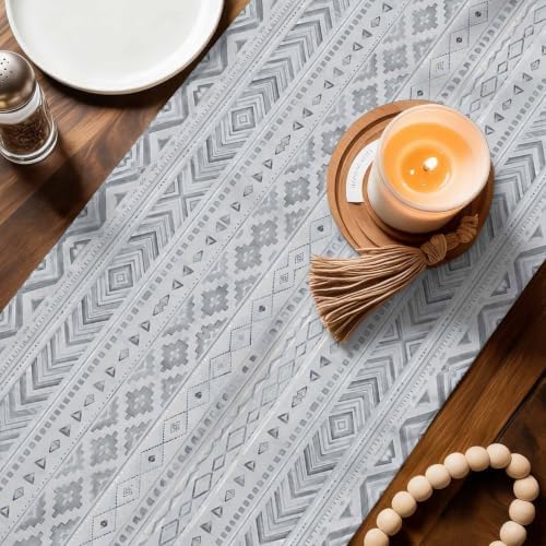 Slate Gray Boho Table Runner 108 Inches Long, Ethnic Tribe Warm