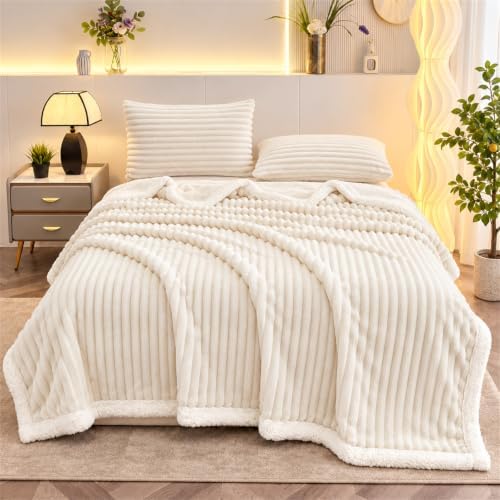 Ribbed Plush Fleece Blanket Double Layer Warm Throw Blanket for Bed