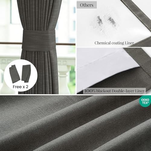 96 Inch Linen Pinch Pleated Full Blackout Curtains for Bedroom Carbon