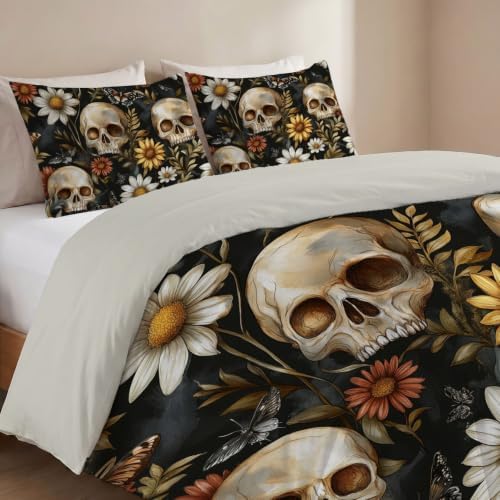 Charcoal Gray Halloween Flower Skull Duvet Cover Set For Women Girls