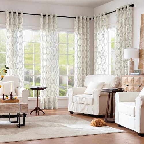 jinchan Boho Linen Curtains 63 Inch Grey on Beige Grommet 2 Panels