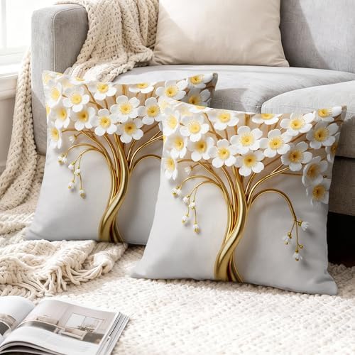 Flowers Throw Pillow Covers Set of 2, Elegant Modern Gold Branches