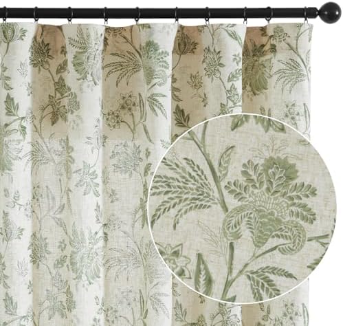 jinchan Green Floral Linen Curtains 84 Inch Vintage Back Tab 2 Panels