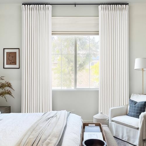 Natural Pinch Pleated Linen Curtains 63 Inch Length 2 Panel for Living