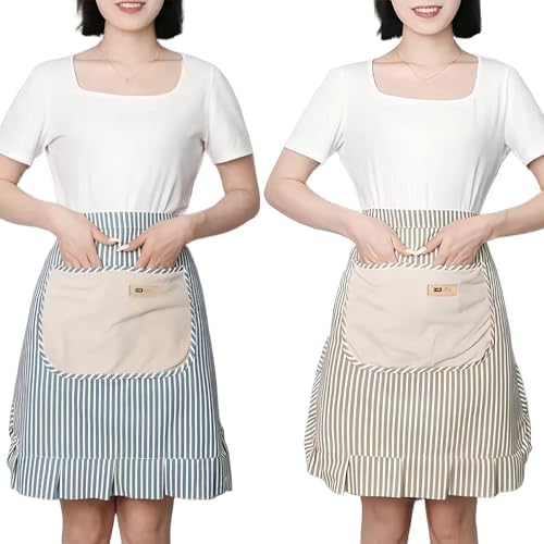 Kitchen Cooking Apron with Pockets, Cotton Striped Waist Apron