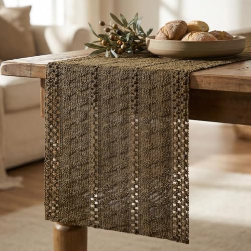 Artoid Mode Coffee Woven Farmhouse Hollow Table Runner 12x120 Inch