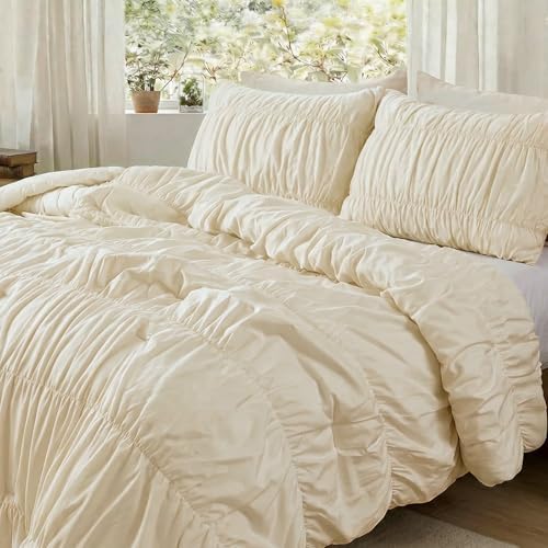 Bedbay 100% Cotton Ruched Duvet Cover Set King Size, Elegant Ivory