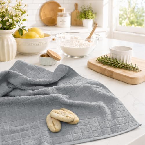 Kitinjoy Premium Cotton Check Kitchen Towels 4 Pack, 16" x 28", Light