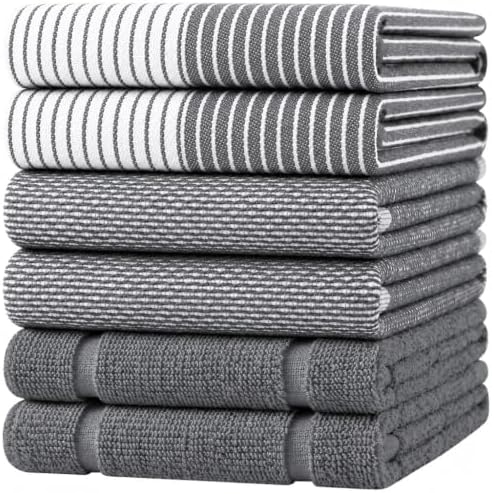 Homaxy 6 Pack Cotton Terry Premium Kitchen Towels, 18 x 28 in, Grey
