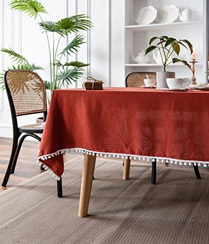 Linen Cotton Fabric Table Cloth with Pompons for Retangular Square
