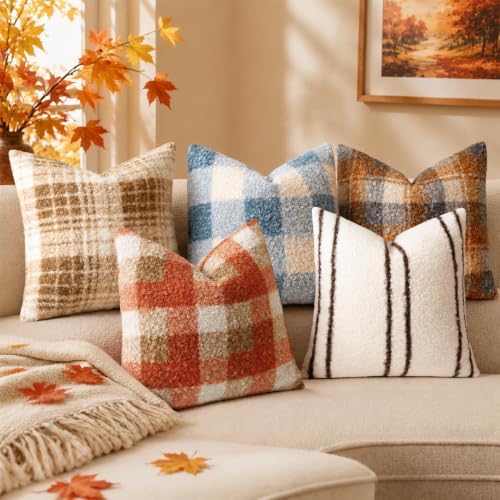 decorUhome Faux Fur Plaid Throw Pillow Covers 22X22 Set of 2 Burnt