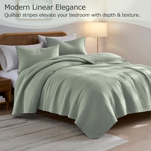 palassio 100% Cotton Striped Channel Quilt Set King Size, Sage Green