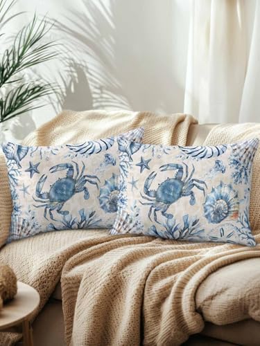 Outdoor Pillows Waterproof, Blue Crab Coastal Bedding Throw Pillows