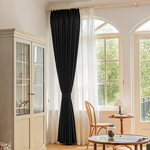 Black Blackout Pinch Pleat Curtain with Hooks Tieback for Bedroom