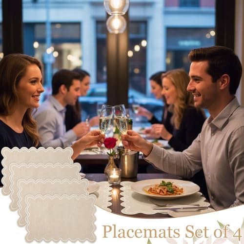 Set of 4 Cotton Linen Scalloped Placemats, Beige