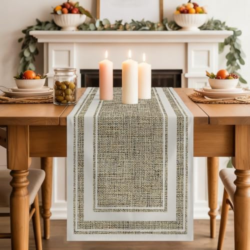 White Double Border Table Runner, Farmhouse Linen Woven Texture Beige