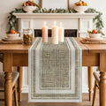 White Double Border Table Runner, Farmhouse Linen Woven Texture Beige