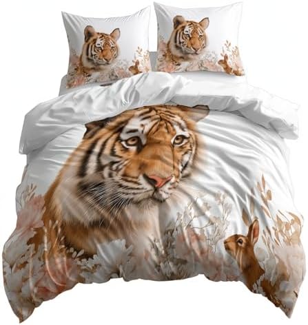 King Duvet Cover Set Animal Tiger Flower Soft Microfiber Reversible