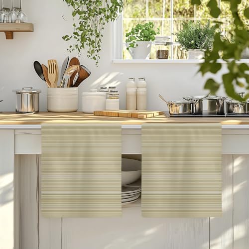 Rustic Beige Striped Kitchen Towels Set of 3, Absorbent Microfiber