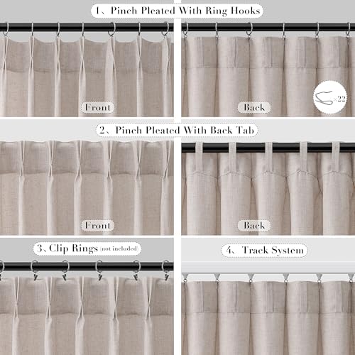 Joywell Linen Pinch Pleated Window Curtains 84 Inch Long,Back Tab Clip