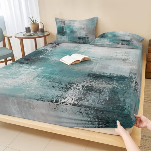 Fitted Sheets Elastic Deep Pocket Bed Sheet Twin XL Cyan Gray Graffiti