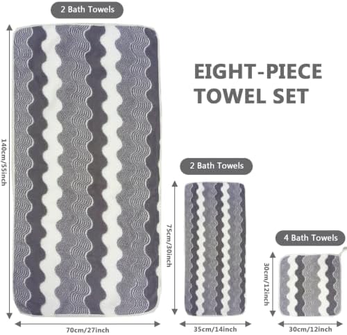 ABREEZE Wave Stripe Pattern Towel Set, Grey, 8pc