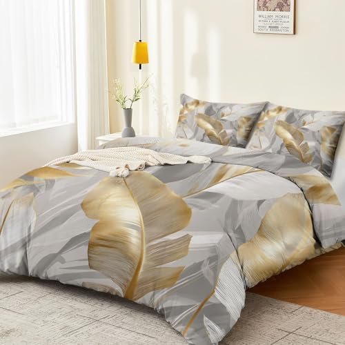 Duvet Cover Set Simple Plant Based Banana Leaf - Grey Soft Microfiber