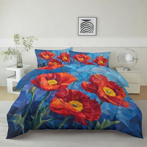 Queen Duvet Cover Set Cubism Geometry Floral Bedding with Reversible