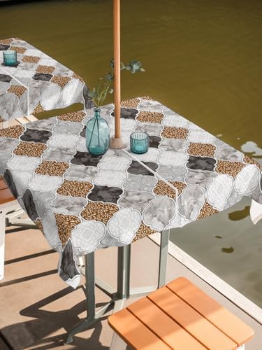 Outdoor Tablecloth with Umbrella Hole and Zipper Brown Damask Pattern